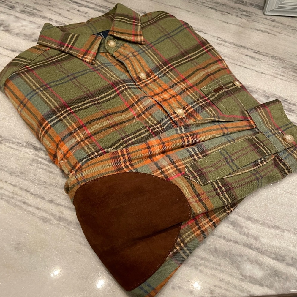Rare Polo Ralph Lauren Cotton Wool Plaid Flannel Shirt with Suede Elbow Patches - Picture 9 of 9